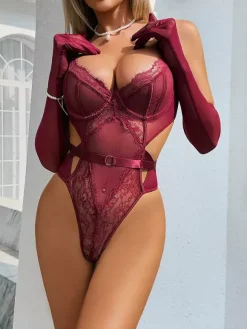 Teddy Burgundy Lace Sheer Mesh Cutout Bodysuit With Gloves