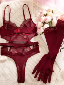 Teddy Burgundy Lace Sheer Mesh Cutout Bodysuit With Gloves