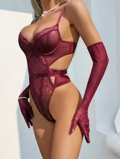 Teddy Burgundy Lace Sheer Mesh Cutout Bodysuit With Gloves