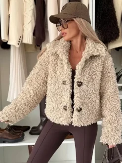 Teddy Fleece Jacket Curly Faux Fur Button Up Coat For Women 2026