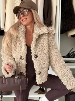 Teddy Fleece Jacket Curly Faux Fur Button Up Coat For Women 2026