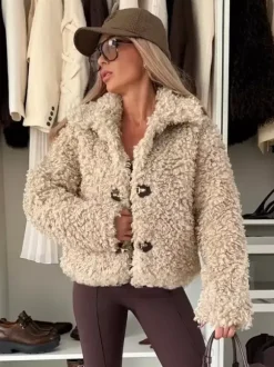 Teddy Fleece Jacket Curly Faux Fur Button Up Coat For Women 2026
