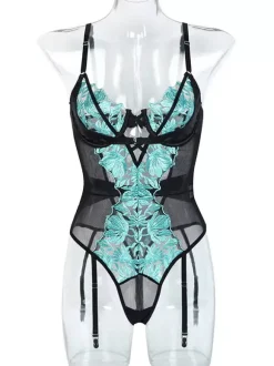 Teddy Turquoise Floral Lace Garter Lingerie Underwire Mesh Cutout Bodysuit For Women