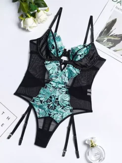 Teddy Turquoise Floral Lace Garter Lingerie Underwire Mesh Cutout Bodysuit For Women