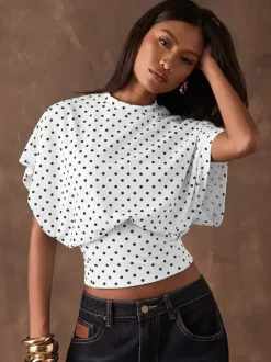 Tees 3/4 Length Sleeves Pink Polka Dot Jewel Neck Tee Shirt For Women