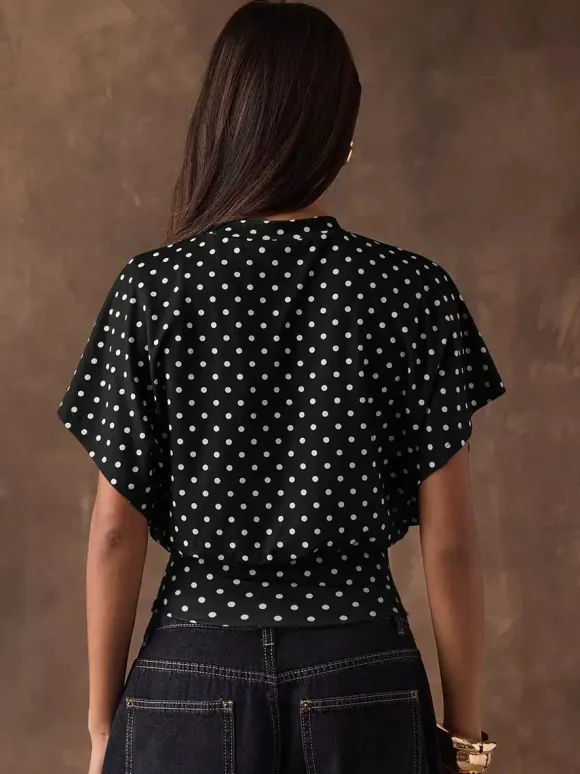 Tees 3/4 Length Sleeves Pink Polka Dot Jewel Neck Tee Shirt For Women