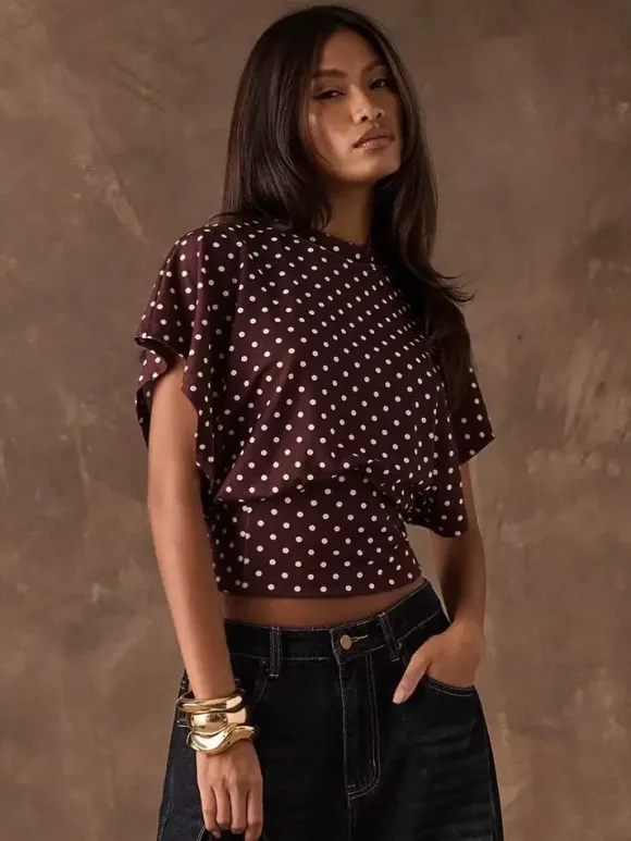 Tees 3/4 Length Sleeves Pink Polka Dot Jewel Neck Tee Shirt For Women
