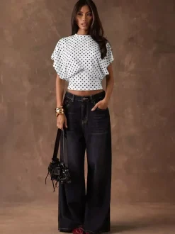 Tees 3/4 Length Sleeves Pink Polka Dot Jewel Neck Tee Shirt For Women