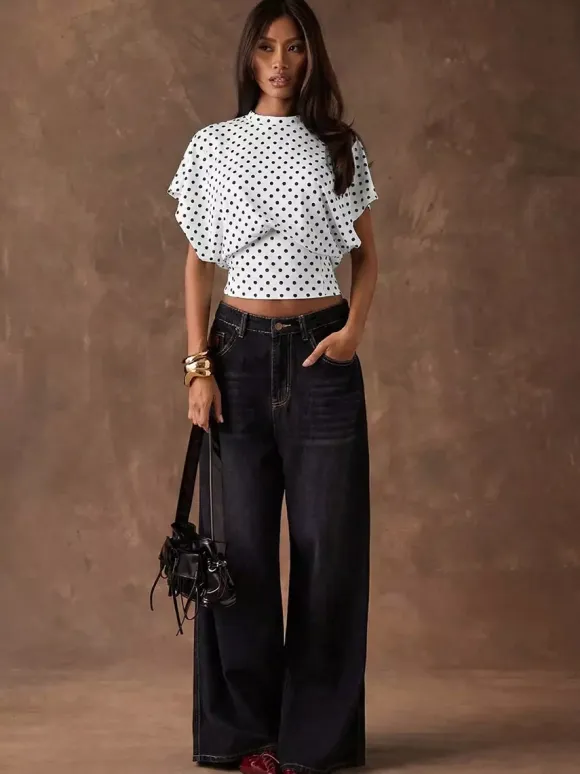 Tees 3/4 Length Sleeves Pink Polka Dot Jewel Neck Tee Shirt For Women