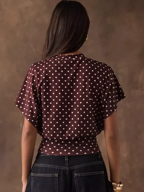 Tees 3/4 Length Sleeves Pink Polka Dot Jewel Neck Tee Shirt For Women