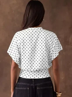 Tees 3/4 Length Sleeves Pink Polka Dot Jewel Neck Tee Shirt For Women