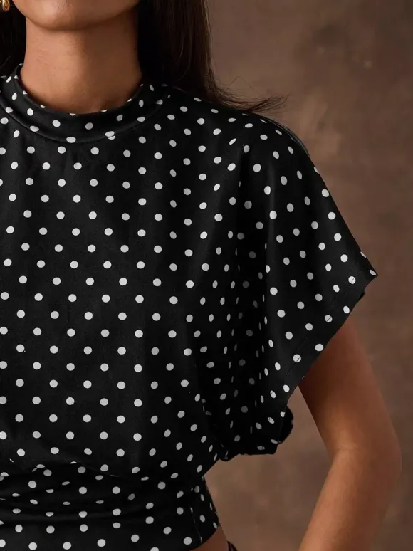 Tees 3/4 Length Sleeves Pink Polka Dot Jewel Neck Tee Shirt For Women