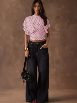 Tees 3/4 Length Sleeves Pink Polka Dot Jewel Neck Tee Shirt For Women