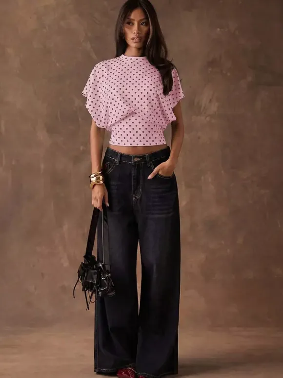 Tees 3/4 Length Sleeves Pink Polka Dot Jewel Neck Tee Shirt For Women
