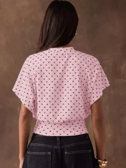 Tees 3/4 Length Sleeves Pink Polka Dot Jewel Neck Tee Shirt For Women