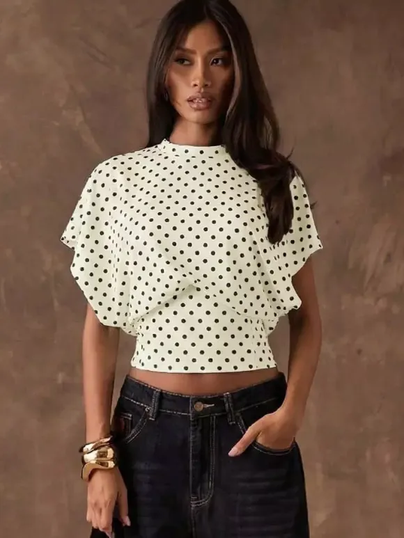 Tees 3/4 Length Sleeves Pink Polka Dot Jewel Neck Tee Shirt For Women