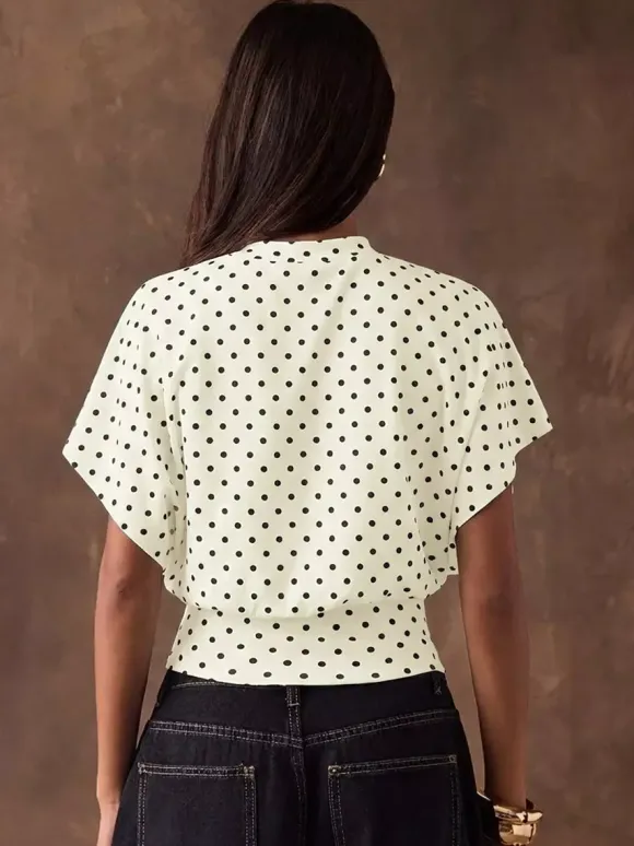 Tees 3/4 Length Sleeves Pink Polka Dot Jewel Neck Tee Shirt For Women