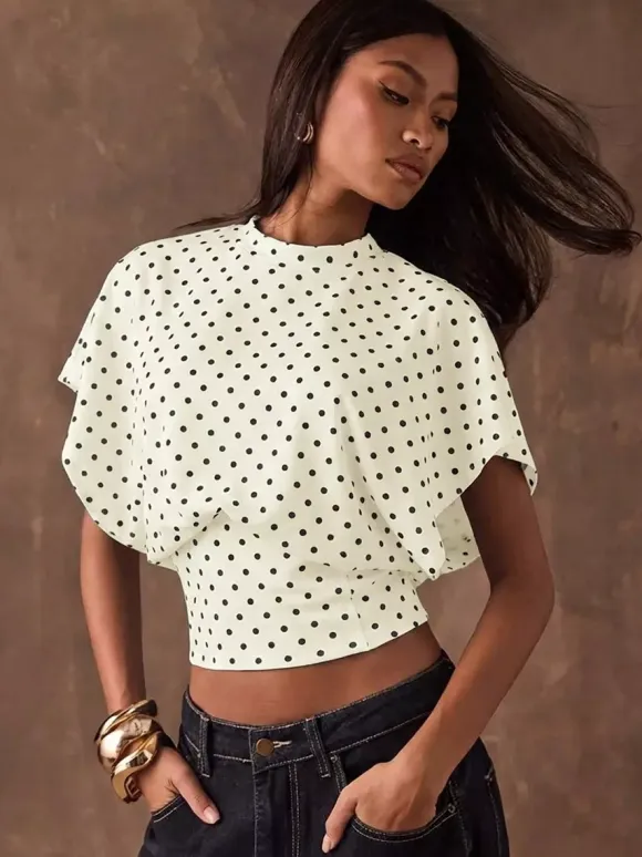 Tees 3/4 Length Sleeves Pink Polka Dot Jewel Neck Tee Shirt For Women
