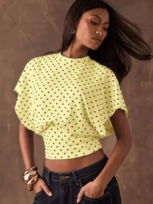 Tees 3/4 Length Sleeves Pink Polka Dot Jewel Neck Tee Shirt For Women