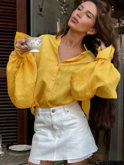 Textured Bubble Sleeve Stand Collar Oversized Button Down Shirt