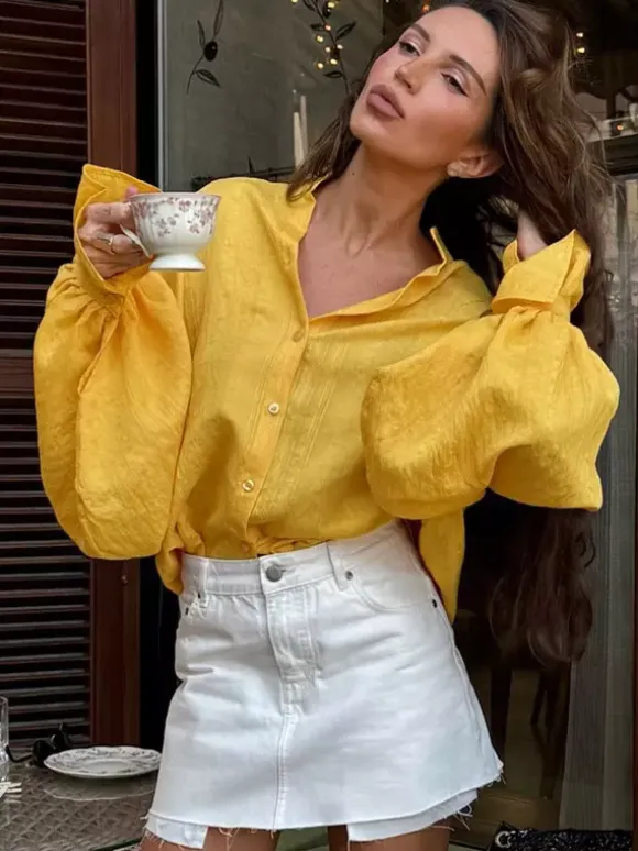 Textured Bubble Sleeve Stand Collar Oversized Button Down Shirt