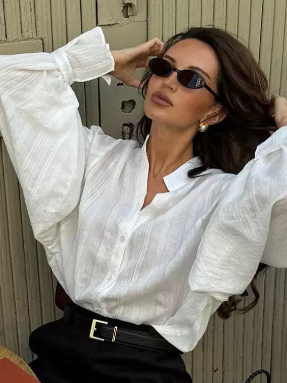 Textured Bubble Sleeve Stand Collar Oversized Button Down Shirt