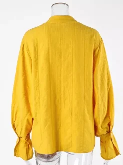 Textured Bubble Sleeve Stand Collar Oversized Button Down Shirt
