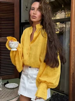 Textured Bubble Sleeve Stand Collar Oversized Button Down Shirt