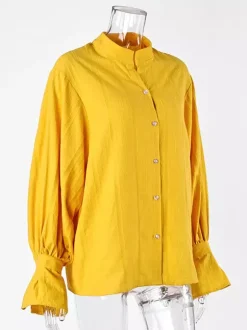Textured Bubble Sleeve Stand Collar Oversized Button Down Shirt