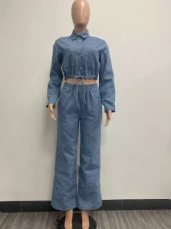 Textured Denim Two Piece Set For Women - Blue Casual Cropped Drawstring Shirt And Wide Leg Pants - Spring Streetwear 2026