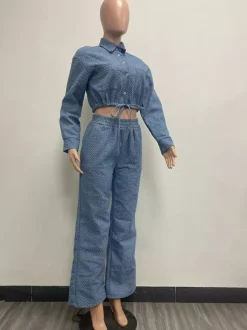 Textured Denim Two Piece Set For Women - Blue Casual Cropped Drawstring Shirt And Wide Leg Pants - Spring Streetwear 2026