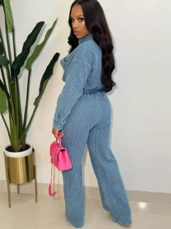 Textured Denim Two Piece Set For Women - Blue Casual Cropped Drawstring Shirt And Wide Leg Pants - Spring Streetwear 2026