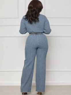 Textured Denim Two Piece Set For Women - Blue Casual Cropped Drawstring Shirt And Wide Leg Pants - Spring Streetwear 2026