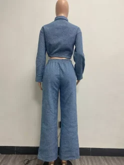 Textured Denim Two Piece Set For Women - Blue Casual Cropped Drawstring Shirt And Wide Leg Pants - Spring Streetwear 2026