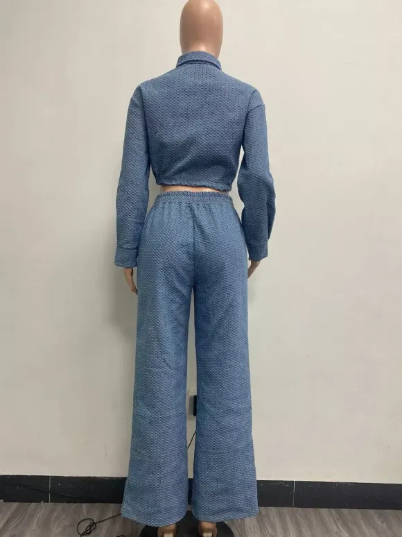 Textured Denim Two Piece Set For Women - Blue Casual Cropped Drawstring Shirt And Wide Leg Pants - Spring Streetwear 2026