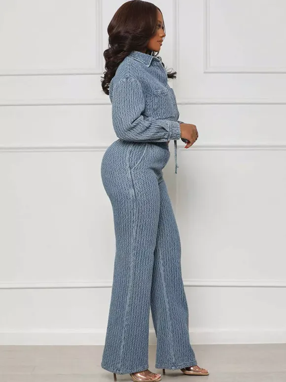 Textured Denim Two Piece Set For Women - Blue Casual Cropped Drawstring Shirt And Wide Leg Pants - Spring Streetwear 2026