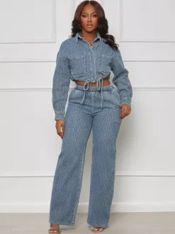 Textured Denim Two Piece Set For Women - Blue Casual Cropped Drawstring Shirt And Wide Leg Pants - Spring Streetwear 2026