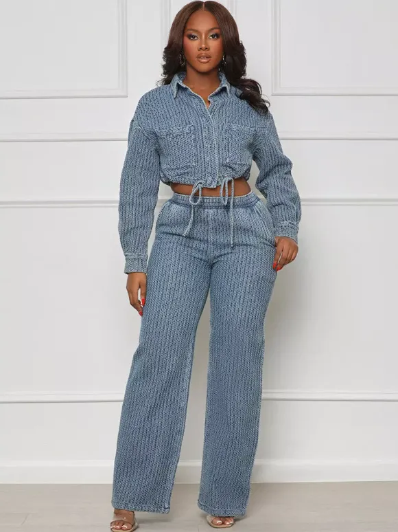 Textured Denim Two Piece Set For Women - Blue Casual Cropped Drawstring Shirt And Wide Leg Pants - Spring Streetwear 2026