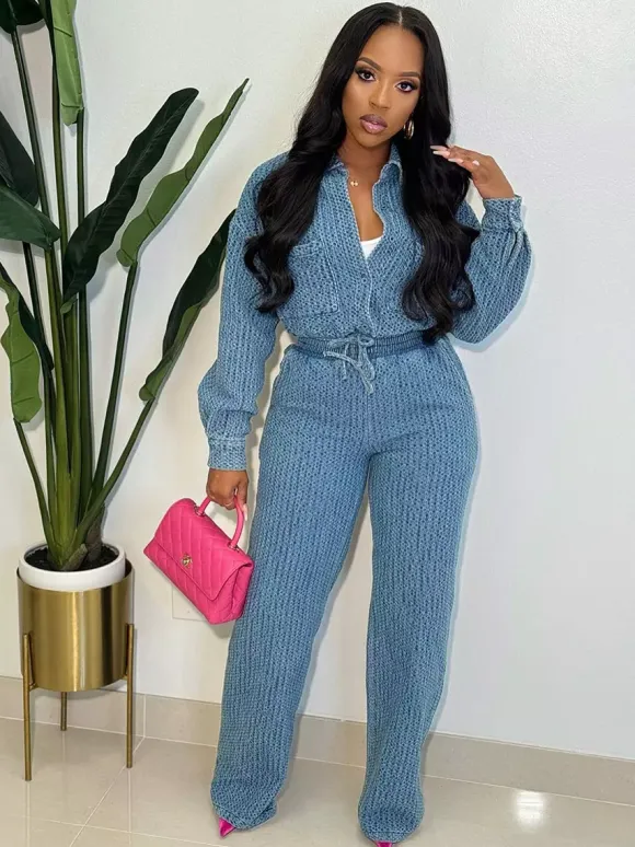 Textured Denim Two Piece Set For Women - Blue Casual Cropped Drawstring Shirt And Wide Leg Pants - Spring Streetwear 2026