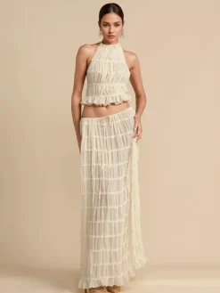 Textured Halter Neck Crop Top And Long Skirt 2 Piece Co-ord Set For Beach 2026
