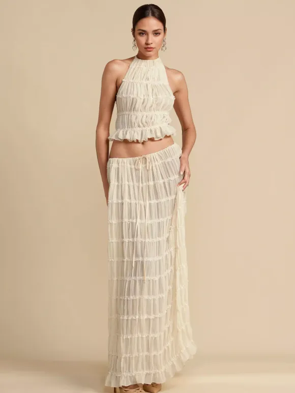Textured Halter Neck Crop Top And Long Skirt 2 Piece Co-ord Set For Beach 2026