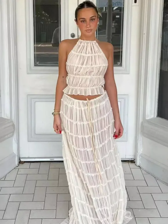Textured Halter Neck Crop Top And Long Skirt 2 Piece Co-ord Set For Beach 2026