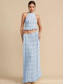 Textured Halter Neck Crop Top And Long Skirt 2 Piece Co-ord Set For Beach 2026