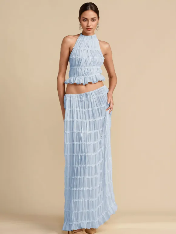 Textured Halter Neck Crop Top And Long Skirt 2 Piece Co-ord Set For Beach 2026