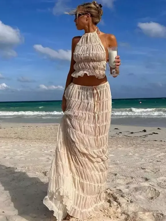Textured Halter Neck Crop Top And Long Skirt 2 Piece Co-ord Set For Beach 2026
