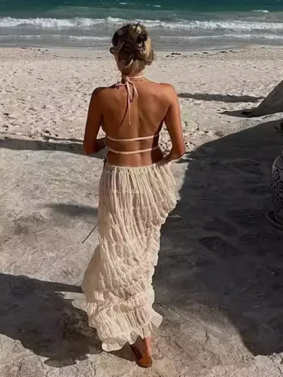 Textured Halter Neck Crop Top And Long Skirt 2 Piece Co-ord Set For Beach 2026