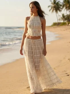 Textured Halter Neck Crop Top And Long Skirt 2 Piece Co-ord Set For Beach 2026