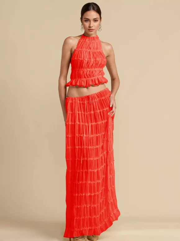 Textured Halter Neck Crop Top And Long Skirt 2 Piece Co-ord Set For Beach 2026