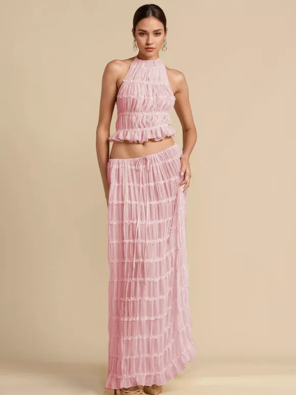Textured Halter Neck Crop Top And Long Skirt 2 Piece Co-ord Set For Beach 2026