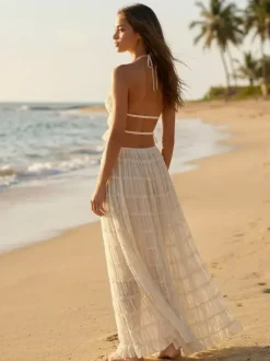 Textured Halter Neck Crop Top And Long Skirt 2 Piece Co-ord Set For Beach 2026